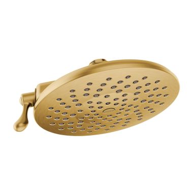 Click here to see Moen S6320BG Moen Velocity 8in Two-Function Rainshower Shower Head with Operating Lever, Immersion Technology, LifeShine Finish, 2.5 GPM, Brushed Gold - S6320BG