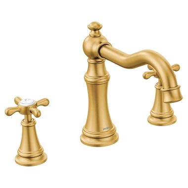 Click here to see Moen TS22101BG Moen Weymouth Two-Handle Roman Tub Faucet Trim, Cross Handles, ADA, M-PACT, Brushed Gold - TS22101BG