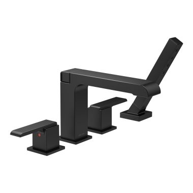 Click here to see Delta T4767-BL Delta Ara Two-Handle Roman Tub Faucet Trim with 1.75 GPM Single-Setting Hand Shower, H2Okinetic, Angular Spout, Lever Handles, Matte Black - T4767-BL