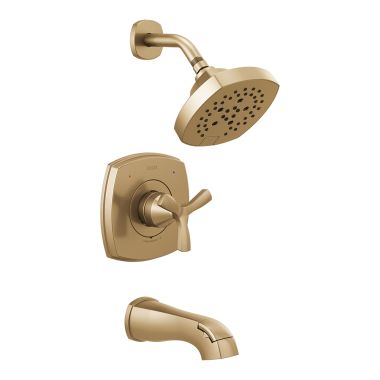 Click here to see Delta T144766-CZ Delta Stryke Monitor 14 Series H2Okinetic Tub/Shower Faucet with Rain Showerhead, Single-Handle, 1.75 GPM, Helo Handle, Champagne Bronze - T144766-CZ