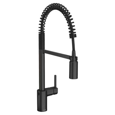 Click here to see Moen 5923EWBL Moen Align Single Handle Pre-Rinse Spring Pull-Down Kitchen Faucet w/ MotionSense Wave, Matte Black - 5923EWBL