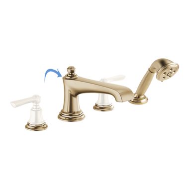 Click here to see Brizo T67460-GLLHP Brizo Rook Two-Handle Roman Tub Faucet Trim with H2Okinetic Hand Shower, Angular Spout, 4-Hole, Less Handles, Brilliance Luxe Gold - T67460-GLLHP