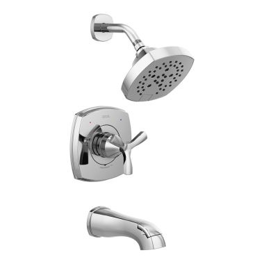 Click here to see Delta T144766 Delta Stryke Monitor 14 Series H2Okinetic Tub/Shower Faucet with Rain Showerhead, Single-Handle, 1.75 GPM, Helo Handle, Chrome - T144766