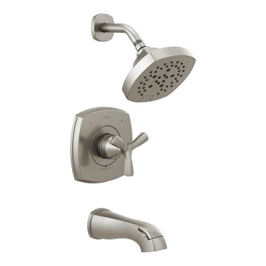 Click here to see Delta T144766-SS Delta Stryke Monitor 14 Series H2Okinetic Tub/Shower Faucet with Rain Showerhead, Single-Handle, 1.75 GPM, Helo Handle, Stainless - T144766-SS