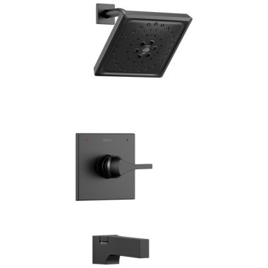 Click here to see Delta T14474-BL Delta Zura Monitor 14 Series H2Okinetic Tub/Shower Faucet with Rain Showerhead, Single-Handle, 1.75 GPM, Lever Handle, Matte Black - T14474-BL