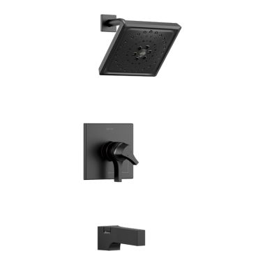Click here to see Delta T17474-BL Delta Zura Monitor 17 Series H2Okinetic Tub/Shower Faucet with Volume Control, 3-Setting Rain Showerhead, Two-Handle, 1.75 GPM, Matte Black - T17474-BL