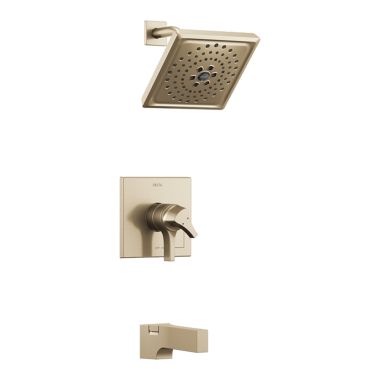 Click here to see Delta T17474-CZ Delta Zura Monitor 17 Series H2Okinetic Tub/Shower Faucet with Volume Control, 3-Setting Rain Showerhead, Two-Handle, 1.75 GPM, Champagne Bronze - T17474-CZ