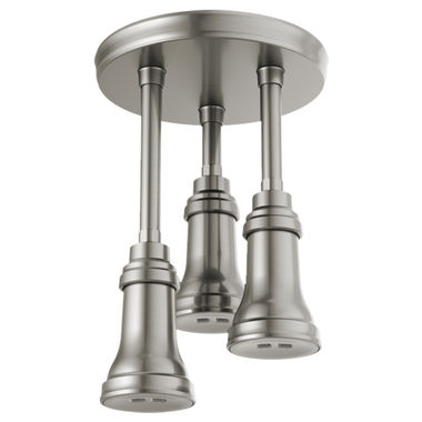 Click here to see Delta 57190-SS Delta Pendant 1.75 GPM Single-Setting Spray Raincan Showerhead with H2Okinetic Technology and PowerDrench Spray, Stainless - 57190-SS