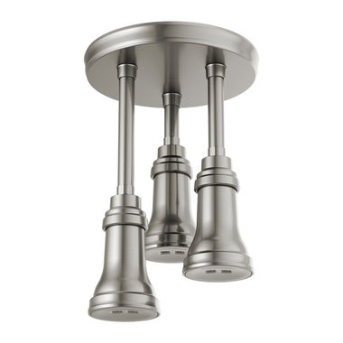 Click here to see Delta 57190-SS25 Delta Pendant 2.5 GPM Single-Setting Spray Raincan Showerhead with H2Okinetic Technology and PowerDrench Spray, Stainless - 57190-SS25