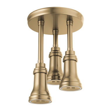 Click here to see Delta 57190-CZ25-L Delta LED Pendant 2.5 GPM Single-Setting Spray Raincan Showerhead with H2Okinetic Technology and PowerDrench Spray, Champagne Bronze - 57190-CZ25-L