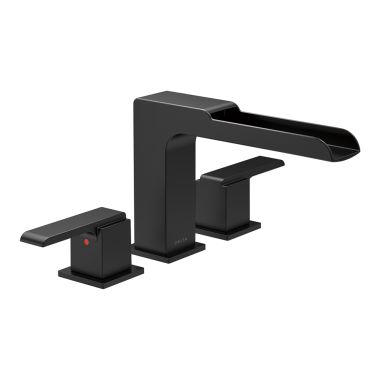Click here to see Delta T2768-BL Delta Ara Two-Handle Deck-Mount Channel Spout Matte Black Roman Tub Trim Only, Lever Handle, ADA-Compliant, 10in to 16in Flexible Centers - T2768-BL
