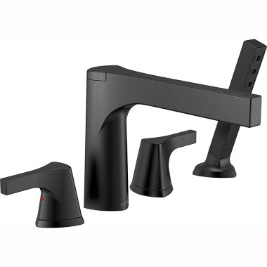 Click here to see Delta T4774-BL Delta Zura Two-Handle Roman Tub Faucet Trim with 1.75 GPM Single-Setting Hand Shower, H2OKinetic, Touch-Clean, Angular Spout, Lever Handles, Matte Black - T4774-BL