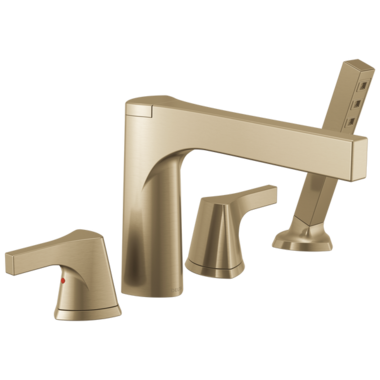 Click here to see Delta T4774-CZ Delta Zura Two-Handle Roman Tub Faucet Trim with 1.75 GPM Single-Setting Hand Shower, H2OKinetic, Touch-Clean, Angular Spout, Lever Handles, Champagne Bronze - T4774-CZ
