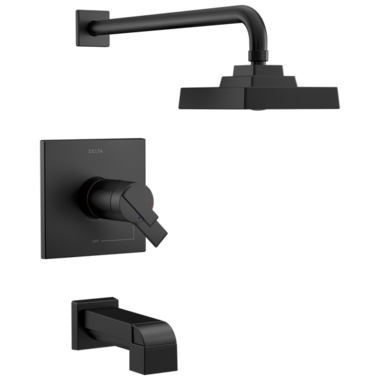 Click here to see Delta T17T467-BL Delta Ara TempAssure 17T Series H2Okinetic Tub/Shower Faucet with Single-Setting Rain Showerhead, Two-Handle, 1.75 GPM, Lever Handles, Matte Black - T17T467-BL