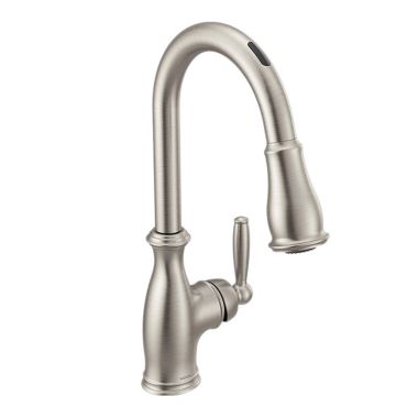 Click here to see Moen 7185EWSRS Moen Brantford MotionSense Wave Single Handle High Arc Pull-Down Kitchen Faucet, Spot Resist Stainless - 7185EWSRS