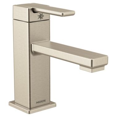 Click here to see Moen S6710BN Moen 90 Degree Single-Handle Low Arc Brushed Nickel Bathroom Sink Faucet with Metal Pop-Up, 1.2 GPM, Lever Handle, Single-Hole, WaterSense - S6710BN