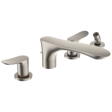 Click here to see Toto TBG01202U#BN TOTO GO Two-Handle Four-Hole Roman Tub Faucet Trim, Angular Spout, Lever Handles, ADA, Less Hand Shower, Brushed Nickel - TBG01202U#BN