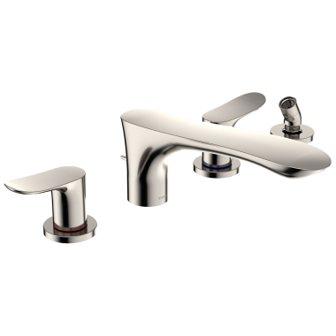 Click here to see Toto TBG01202U#PN TOTO GO Two-Handle Four-Hole Roman Tub Faucet Trim, Angular Spout, Lever Handles, ADA, Less Hand Shower, Polished Nickel - TBG01202U#PN