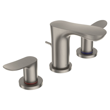 Click here to see Toto TLG01201U#BN TOTO GO 5” Deck Mount Brushed Nickel Two-Handle Widespread Bathroom Sink Faucet with Metal Pop-Up Drain, 1.2 GPM, Three-Hole, Lever Handles - TLG01201U#BN