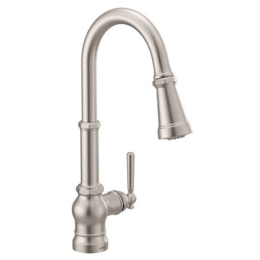Click here to see Moen S72003SRS Moen Paterson Single-Handle Pull-Down Kitchen Faucet w/ Both Lever/Wheel Handles, Spot Resist Stainless - S72003SRS