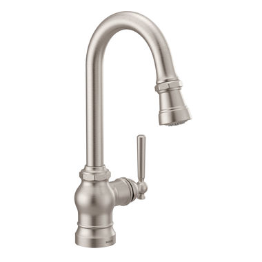 Click here to see Moen S52003SRS Moen Paterson Single Handle Pull-Down Bar/Prep Faucet, Lever/Wheel Handle Options, Spot Resist Stainless - S52003SRS