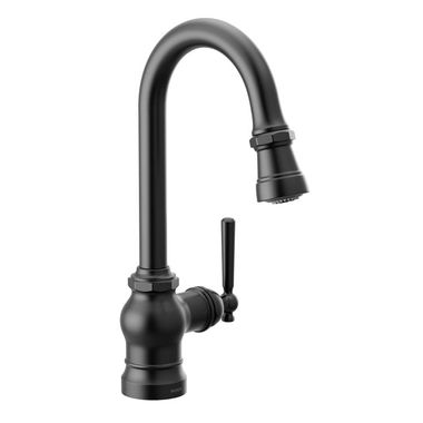 Click here to see Moen S52003BL Moen Paterson Single Handle Pull-Down Bar/Prep Faucet, Lever/Wheel Handle Options, Matte Black - S52003BL
