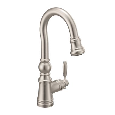 Click here to see   Moen S53004STS Weymouth Single Handle High Arc Pulldown Bar Faucet, Spot Resist Stainless