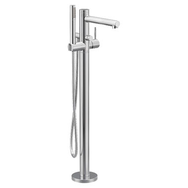 Click here to see Moen 395 Moen Align 6 GPM Freestanding Tub Filler with 1.75 GPM Single-Function Hand Shower, 59in Metal Hose, Single Lever Handle, Polished Chrome - 395