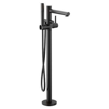 Click here to see Moen 395BL Moen Align 6 GPM Freestanding Tub Filler with 1.75 GPM Single-Function Hand Shower, 59in Metal Hose, Single Lever Handle, Matte Black - 395BL