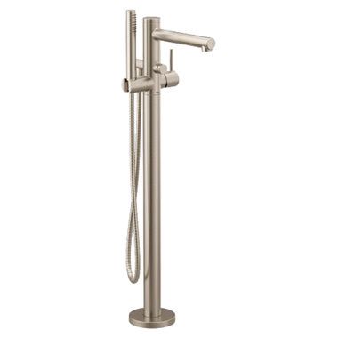 Click here to see Moen 395BN Moen Align 6 GPM Freestanding Tub Filler with 1.75 GPM Single-Function Hand Shower, 59in Metal Hose, Single Lever Handle, Brushed Nickel - 395BN