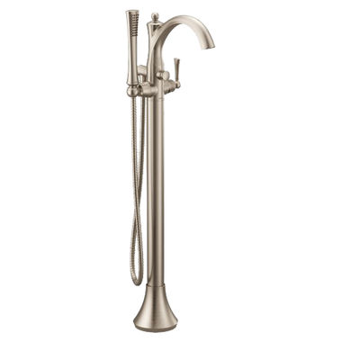 Click here to see Moen 655BN Moen Wynford 6 GPM Freestanding Tub Filler with 1.75 GPM Single-Function Hand Shower, 59in Metal Hose, Single Lever Handle, Brushed Nickel - 655BN