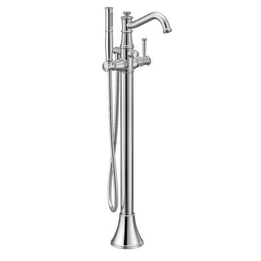 Click here to see Moen 9025 Moen Belfield 6 GPM Freestanding Tub Filler with 1.75 GPM Single-Function Hand Shower, 59in Metal Hose, Single Lever Handle, Polished Chrome - 9025