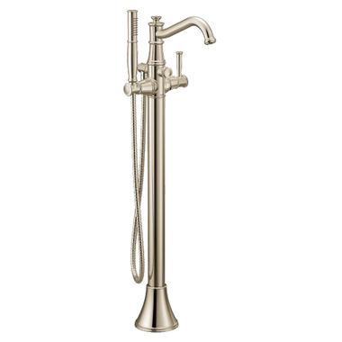 Click here to see Moen 9025NL Moen Belfield 6 GPM Freestanding Tub Filler with 1.75 GPM Single-Function Hand Shower, 59in Metal Hose, Single Lever Handle, Polished Nickel - 9025NL