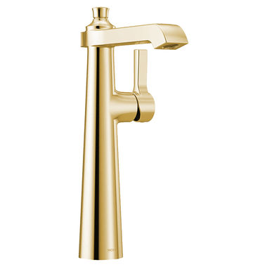 Click here to see Moen S6982BG Moen Flara Single-Handle Vessel Brushed Gold Bathroom Faucet with Red/Blue Indicators, 1.2 GPM, Single-Hole, Lever Handle, WaterSense, ADA - S6982BG