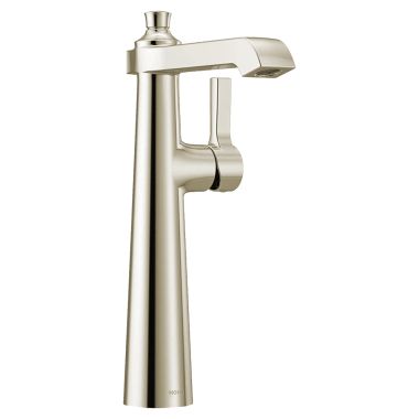 Click here to see Moen S6982NL Moen Flara Single-Handle Vessel Polsihed Nickel Bathroom Faucet with Red/Blue Indicators, 1.2 GPM, Single-Hole, Lever Handle, WaterSense, ADA - S6982NL