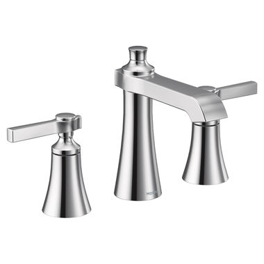 Click here to see Moen TS6984 Moen Flara Two-Handle Widespread Chrome Bathroom Faucet with Lever Handles, WaterSense, 1.2 GPM, Three-Hole Installation, 60 PSI - TS6984