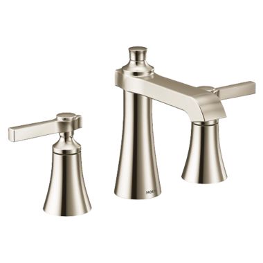 Click here to see Moen TS6984NL Moen Flara Two-Handle Widespread Polished Nickel Bathroom Faucet with Lever Handles, 1.2 GPM, 60 PSI, WaterSense, Three-Holes - TS6984NL