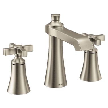 Click here to see Moen TS6985BN Moen Flara Two-Handle Widespread Brushed Nickel Bathroom Faucet with Cross Handles, 1.2 GPM, 60 PSI, WaterSense, Three-Holes - TS6985BN
