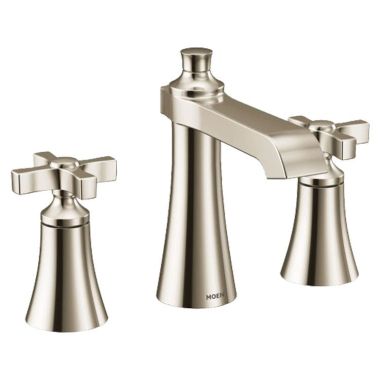 Click here to see Moen TS6985NL Moen Flara Two-Handle Widespread Polished Nickel Bathroom Faucet with Cross Handles, 1.2 GPM, 60 PSI, WaterSense, ADA, Three-Holes - TS6985NL