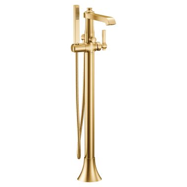 Click here to see Moen S931BG Moen Flara Single-Handle Freestanding Tub Filler with 1.75 GPM Single-Function Hand Shower, 59in Metal Hose, Dual Check Valves, Brushed Gold - S931BG