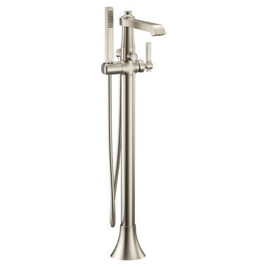 Click here to see Moen S931BN Moen Flara Single-Handle Freestanding Tub Filler with 1.75 GPM Single-Function Hand Shower, 59in Metal Hose, Dual Check Valves, Brushed Nickel - S931BN