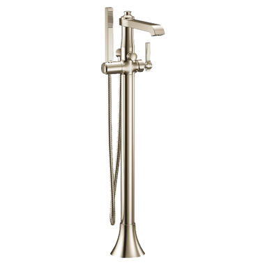 Click here to see Moen S931NL Moen Flara Single-Handle Freestanding Tub Filler with 1.75 GPM Single-Function Hand Shower, 59in Metal Hose, Dual Check Valves, Polished Nickel - S931NL