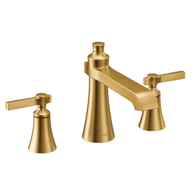 Click here to see Moen TS926BG Moen Flara Two-Handle Roman Tub Faucet, High Arc Spout, 10in Center, Lever Handles, Brushed Gold - TS926BG