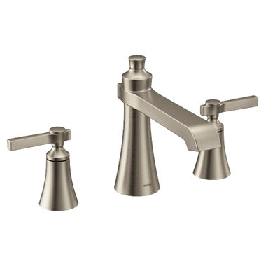 Click here to see Moen TS926BN Moen Flara Two-Handle Roman Tub Faucet, Widespread, 10in Center, Lever Handles, Metal, LifeShine Finish, Brushed Nickel - TS926BN