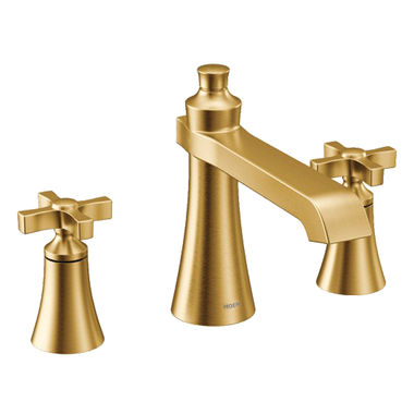 Click here to see Moen TS927BG Moen Flara Two-Handle Roman Tub Faucet, Widespread, 10in Center, Cross Handles, Metal, LifeShine Finish, Brushed Gold - TS927BG