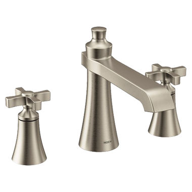Click here to see Moen TS927BN Moen Flara Two-Handle Roman Tub Faucet, Widespread, 10in Center, Cross Handles, Metal, LifeShine Finish, Brushed Nickel - TS927BN
