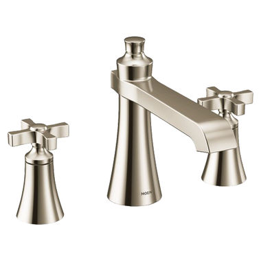 Click here to see Moen TS927NL Moen Flara Two-Handle Roman Tub Faucet, Widespread, 10in Center, Cross Handles, Metal, LifeShine Finish, Polished Nickel - TS927NL