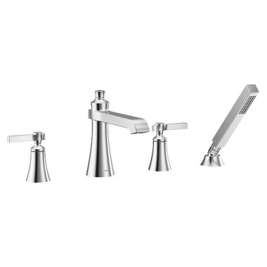 Click here to see Moen TS928 Moen Flara Two-Handle Roman Tub Faucet with 2 GPM Single-Function Hand Shower, Lever Handles, Double Check Valves, Polished Chrome - TS928