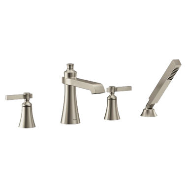 Click here to see Moen TS928BN Moen Flara Two-Handle Roman Tub Faucet with 2 GPM Single-Function Hand Shower, Lever Handles, Double Check Valves, Brushed Nickel - TS928BN