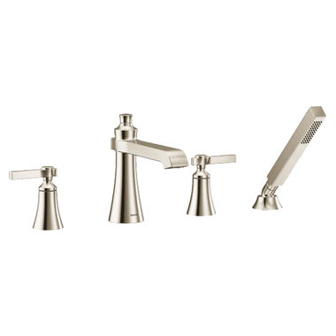 Click here to see Moen TS928NL Moen Flara Two-Handle Roman Tub Faucet with 2 GPM Single-Function Hand Shower, Lever Handles, Double Check Valves, Polished Nickel - TS928NL